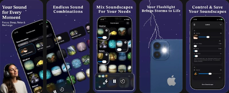  #应用限免  软件名称：Soundscaper  支持平台：#iOS 26.0+  软件价格：内购限免  软件简介：一款个性化音景创建工具，提供超过80种高品质声音，涵盖自然、水流、天气、风声、白噪音、乐器、动物等类别，可自由混合搭配并调节每种声音的音量、重复频率和间隔，打造适合睡眠、专注、冥想、瑜伽或放松的专属音景