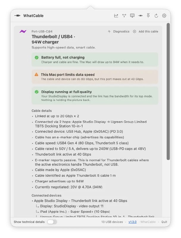  #优质应用  软件名称：WhatCable  支持平台：#macOS   软件价格：免费  软件简介：一款能够以通俗易懂的语言显示插入 Mac 的每个 USB-C 线缆的实际功能的工具，包括充电功率、数据传输速度、显示支持、Thunderbolt 等