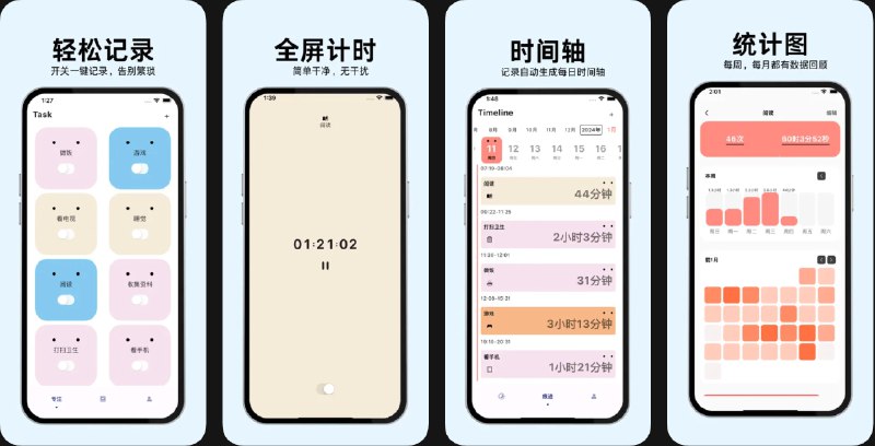  #应用限免  软件名称：时间痕迹-极简的计时工具  支持平台：#iOS 14.0+  软件价格：内购限免  软件简介：一款生活计时与时间分配记录工具，通过一键开关即可随时记录事件发生的时长