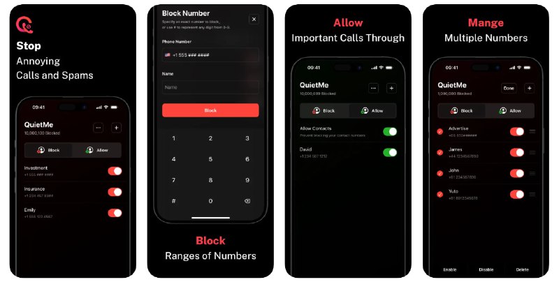  #应用限免  软件名称：QuietMe - Call Blocker  支持平台：#iOS 17.0+  软件价格：¥8.00 -> ¥0.00  软件简介：一款来电管理应用，您可以设置阻止特定号码或某个号码范围，帮助您专注于与重要的人联系，减少受到各类广告推销的打扰