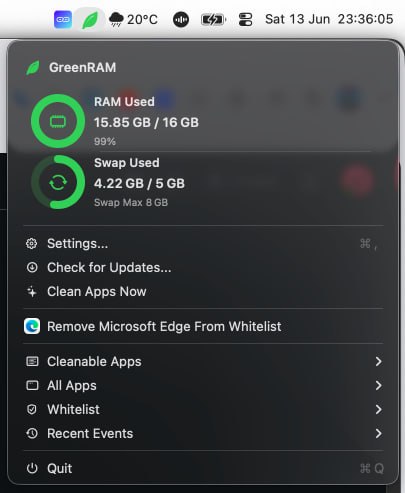  #优质应用  软件名称：GreenRAM  支持平台：#macOS   软件价格：免费  软件简介：一款 macOS 菜单栏应用程序，用于监控系统内存并在 RAM 或交换空间超过设定阈值时自动关闭安全的后台应用程序