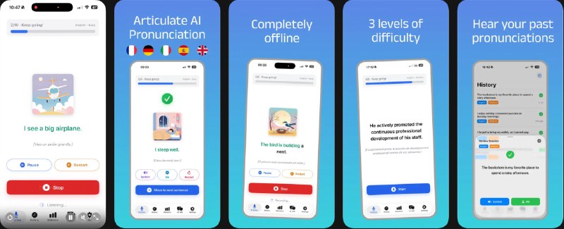  #应用限免  软件名称：Articulate: AI Pronunciation  支持平台：#iOS 17.0+  软件价格：内购限免  软件简介：一款 AI 发音与口音训练应用，通过本地 AI 实时分析你的发音、重音、节奏和语调，帮助你在英语、西班牙语、法语等语言中说得更清晰自然