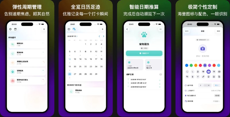  #应用限免  软件名称：LoopCare - 弹性习惯与生活记录  支持平台：#iOS 17+  软件价格：内购限免  软件简介：一款周期性生活管理工具，不再用固定日期打卡，而是根据你实际完成的时间智能顺延下次日程，适合记录家务、宠物、植物护理及个人维护等周期性事项
