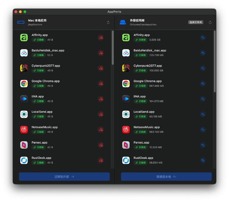  #优质应用  软件名称：AppPorts  支持平台：#macOS   软件价格：免费  软件简介：一款用于将大型应用程序无缝迁移到外部存储设备（如SSD、SD卡或NAS），从而释放本地磁盘空间的开源项目