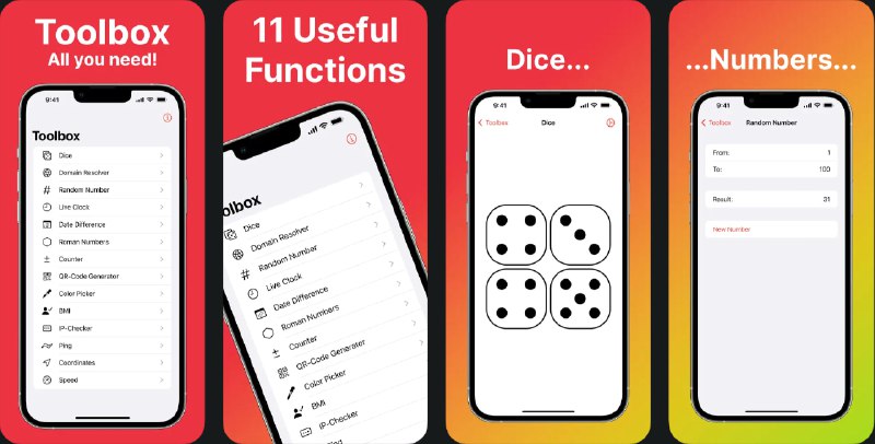  #应用限免  软件名称：Toolbox - All you need  支持平台：#iOS 16.0+  软件价格：¥15.00 -> ¥0.00  软件简介：一款多功能工具应用，该应用集成了多种实用功能，如二维码扫描、日期间距计算、计数器、掷骰子、随机数选取等，可用于解决一些生活选择题