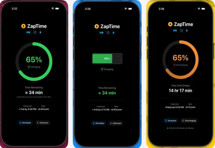  #应用限免  软件名称：ZapTime  支持平台：#iOS 17.6+  软件价格：￥8.00 -> ¥0.00  软件简介：一款轻量级充电时间预测工具，用来估算 iPhone 充满电还需多久