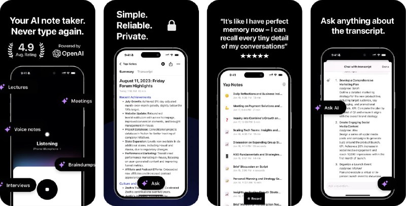  #应用限免  软件名称：Voicenotes AI - YapNote  支持平台：#iOS 16.2+  软件价格：内购限免（打开就黑屏请大退重启）  软件简介：一款可以将语音录音转化为笔记和文本记录的应用，使用智能 AI 模型即时完成转录和总结