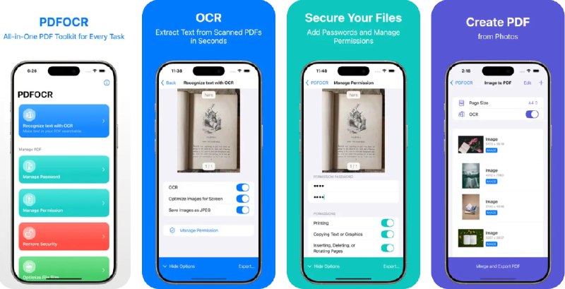  #应用限免  软件名称：PDFOCR Pro  支持平台：#iOS 17.0+  软件价格：¥38.00 -> ¥0.00  软件简介：一个全面的PDF管理工具，它的主要功能包括：通过OCR提取文本、将PDF转换为高质量图像、添加密码保护、合并多个PDF、以及将图像批量转换为PDF，还支持文件压缩、提取特定文本或页面和移除安全限制等额外功能