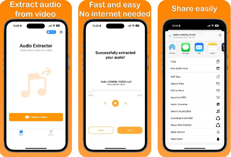 #应用限免  软件名称：音频提取器  支持平台：#iOS 15.0+  软件价格：内购限免  软件简介：一款音频提取应用，帮助您从任何视频中轻松提取音频内容，可在离线状态下使用，您可以将提取后的音频文件分享给朋友或上传至社交媒体，提升视频内容的使用价值
