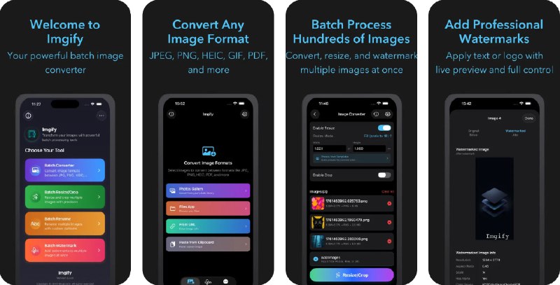  #应用限免  软件名称：Imgify: Batch Image Converter  支持平台：#iOS 17.6+  软件价格：￥22.00 -> ¥0.00  软件简介：一款图像转换与水印工具，支持超11种图片格式批量转换