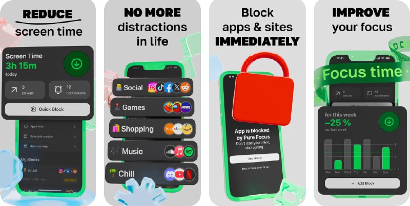 🧭 #应用限免 📂 软件名称：Screen Time Blocker: PureFocus 🍏 支持平台：#iOS 17.0+ 📊 软件价格：￥198.00 -> ¥0.00 🪟 软件简介：一款帮助您抵抗数字干扰、提升专注和生产力的屏幕时间管理应用