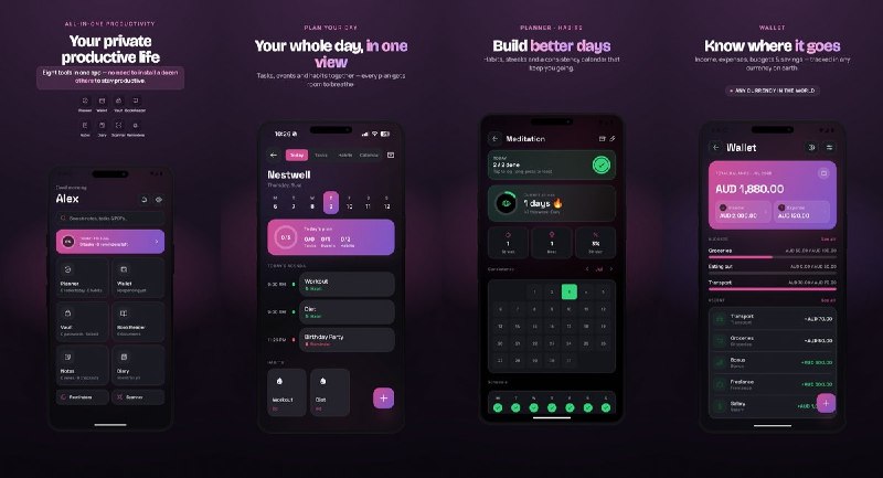  #应用限免  软件名称：Nestwell: Private & Productive — Make Your Life Productive  支持平台：#iOS 15.6+  软件价格：免费  软件简介：一款隐私优先的多合一效率应用，集成日程、记账、笔记、日记、密码保险箱、PDF 阅读、文档扫描和提醒事项八大工具