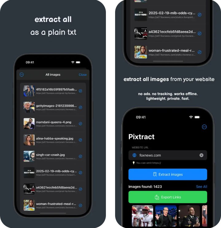  #应用限免  软件名称：Pixtract  支持平台：#iOS 16.0+  软件价格：￥38.00 -> ¥0.00  软件简介：一款智能网页图片链接提取工具，帮助您从任何网站探索和收集图片链接