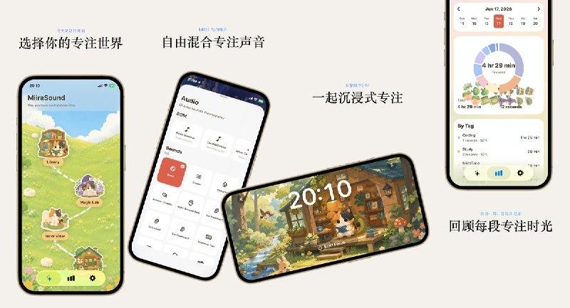  #应用限免  软件名称：MiiraSound — 沉浸式专注，lofi 和白噪音  支持平台：#iOS 16.6+  软件价格：内购限免  软件简介：一款沉浸式场景白噪音应用，支持书房、咖啡馆、森林小木屋、图书馆、竹林、火星等场景切换，搭配 Lofi 背景音乐和多层白噪音混合