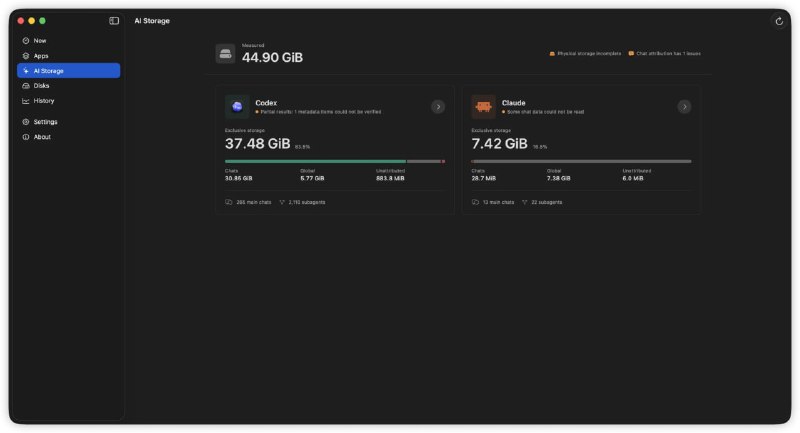  #优质应用  软件名称：FindDiskKiller  支持平台：#macOS   软件价格：免费  软件简介：一款磁盘活动监控工具，将应用磁盘 I/O、AI Agent 空间、文件活动与磁盘健康证据整合在一个原生 macOS 工作区中，可以安全地复核和清理不再需要的 Codex 与 Claude 对话，从而找出持续使用磁盘的具体应用、文件和设备