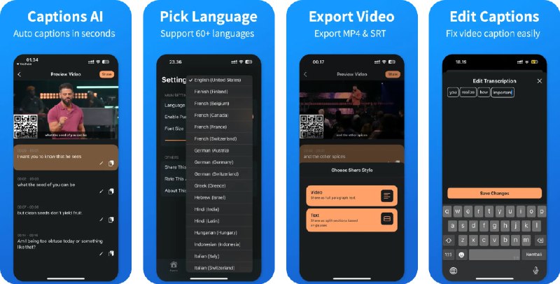  #应用限免  软件名称：Captions AI  支持平台：#iOS 16.0+  软件价格：内购限免  软件简介：一键为视频自动生成专业字幕，支持从照片、文件或URL导入视频，可点按逐句快速编辑，支持导出烧录硬字幕的视频，或以.srt/纯文本/.txt 格式单独导出字幕，并且内置历史记录便于回溯与复用