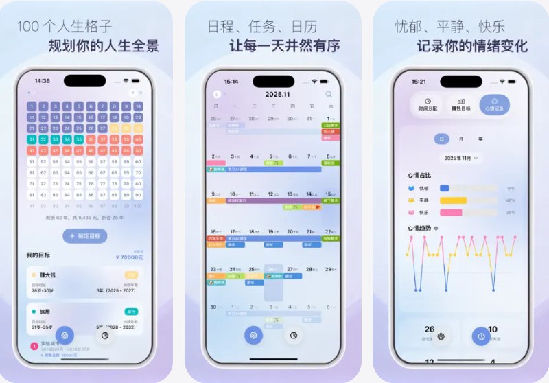  #应用限免  软件名称：Rich Life - 人生计划倒数目标&时间规划  支持平台：#iOS 16.0+  软件价格：内购限免  软件简介：一款基于时间可视化的人生目标与时间规划工具，帮助您将梦想具体化为清晰的目标及可执行计划，强调自我觉察、目标显化与节奏调整