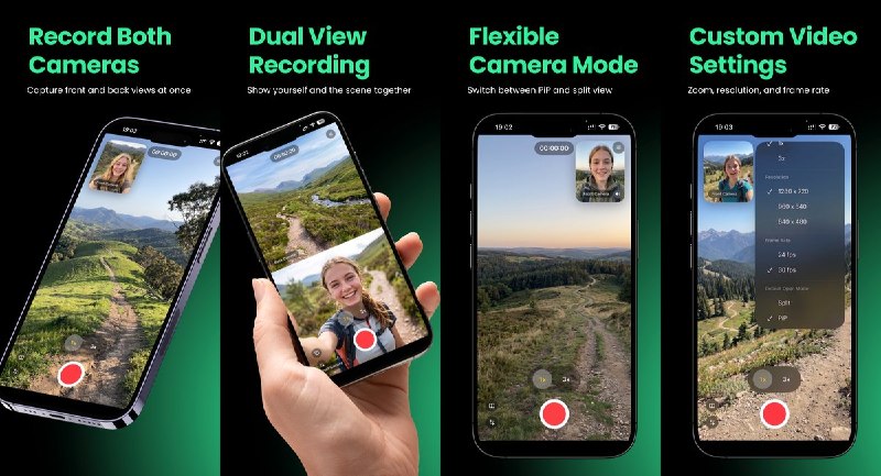  #应用限免  软件名称：DualCam Master Plus  支持平台：#iOS 17.0+  软件价格：￥38.00 -> ¥0.00  软件简介： 一款前后摄像头同时录制的双摄录像工具，支持画中画双摄视图、自由切换布局和 1x/3x/5x 变焦