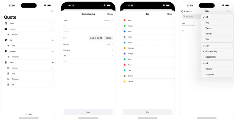  #应用限免  软件名称：Quote:极简记账  支持平台：#iOS 17.5+  软件价格：¥3.00 -> ¥0.00  软件简介：一款用于管理个人财务的应用，您可以创建多个账户、标签和类别以区分不同的收入和支出类型，并提供收入和支出图表分析功能