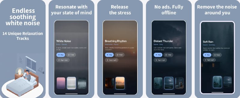  #应用限免  软件名称：CalmLoop - White Noise & Focus  支持平台：#iOS 13.0+  软件价格：￥8.00 -> ¥0.00  软件简介：一款放松应用，包含14种精心制作的氛围声音，提供白噪音、棕噪音、粉红噪音、森林雨声、雷暴、海浪等多种环境音效，支持后台播放和锁屏控制，内置智能睡眠定时器和柔和的夜灯功能，帮助您快速进入梦乡