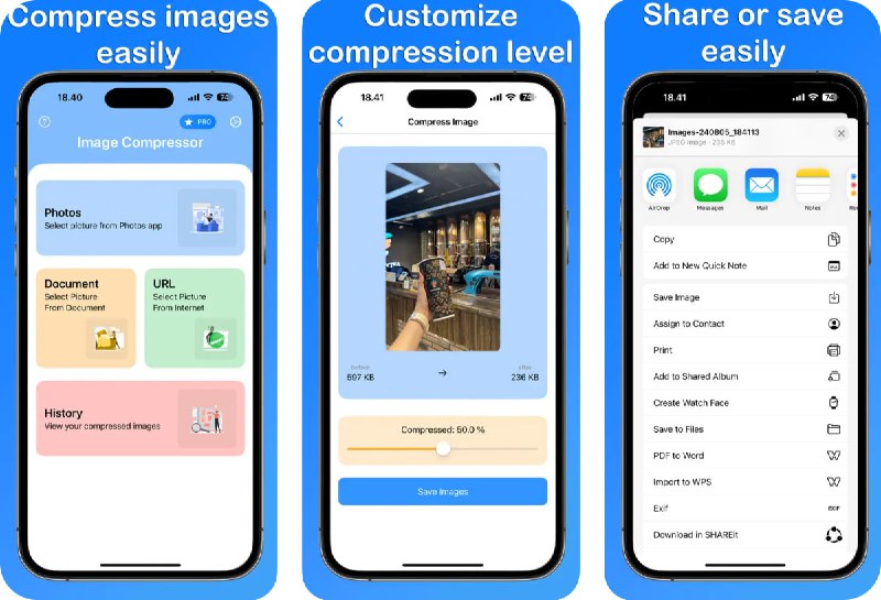  #应用限免  软件名称：Image Compressor  支持平台：#iOS 15.0+  软件价格：内购限免  软件简介：一款简洁高效的图片压缩工具，支持从相册、文档或URL选择图片，批量压缩、设定压缩比例，压缩后预览并可直接保存或分享