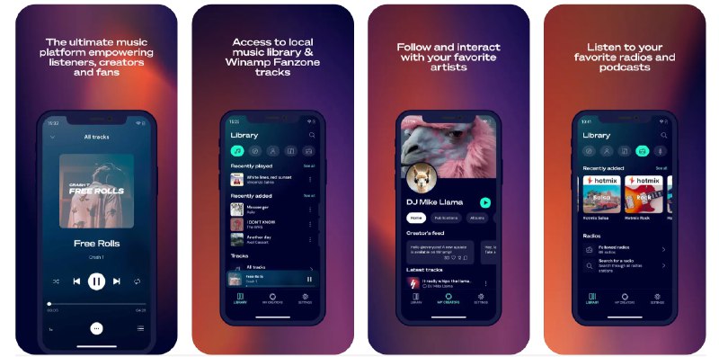  #应用限免  软件名称：Winamp  支持平台：#iOS 14.0+  软件价格：免费  软件简介：一款多功能音乐播放器应用，您可以使用该应用播放本地音乐文件、Fanzone曲目、播客和广播电台，支持根据个人喜好打造专属音乐库