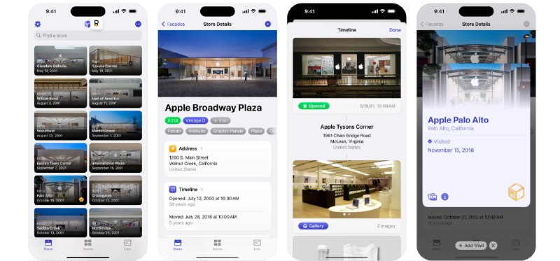  #优质应用  软件名称：Facades  支持平台：#iOS 17.0+  软件价格：免费  软件简介：一款提供关于Apple Store的领域指南的应用，您用户可以浏览、发现和收藏超过 500 个网点，支持跟踪浏览和搜索商店，并研究趋势和统计数据