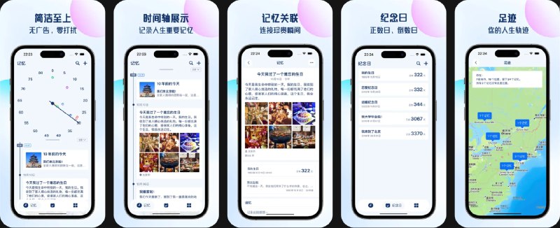  #应用限免  软件名称：往昔 - 记忆时间轴 · 纪念日 · 日记  支持平台：#iOS 14.0+  软件价格：内购限免  软件简介：一款用于记录人生重要瞬间与纪念日的工具，通过时间轴呈现人生记忆并显示对应年龄，可封存记忆、为记忆之间创建关联快捷查看；支持正数日、倒数日及纪念日提醒，并可与记忆关联；提供「那年今日」功能方便回顾往事；记忆和纪念日都可添加“追忆”感想；还能在地图上按位置查看足迹与记忆