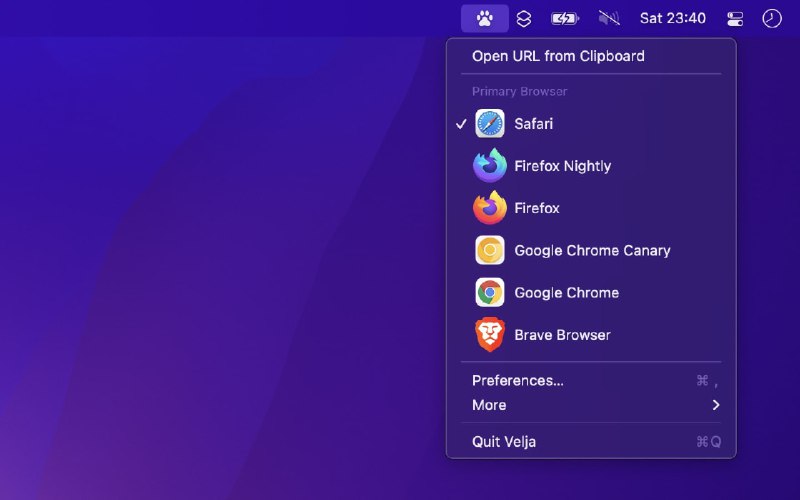  #优质应用   软件名称：Velja  支持平台：#macOS  软件价格：免费  软件简介：一款浏览器增强应用，让您可以跳过打开APP的弹窗，为每个 App 中的网页设定默认浏览器，并移除 URL 中的追踪元素，还支持从菜单栏中修改默认浏览器