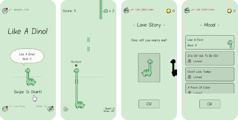  #优质应用  软件名称：Like A Dino  支持平台：#iOS 11.0+  软件价格：免费  软件简介：一个好玩的单机游戏软件，它玩法简单，打开软件就知道怎么操作，需要手指移动小恐龙吃掉掉落的东西，非常适合解压放松，游戏与背景音乐结合的恰到好处，可以实现精准卡点，让你拥有出色的游戏体验