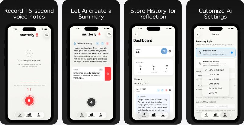  #应用限免  软件名称：Mutterly  支持平台：#iOS 17.0+  软件价格：￥22.00 -> ¥0.00  软件简介：一款语音日记应用