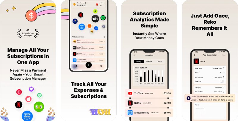  #应用限免  软件名称：Subscription Manager - Reko  支持平台：#iOS 14.0+  软件价格：内购限免（若显示原价可尝试重启应用）  软件简介：一款订阅管理工具，帮助你统一管理所有订阅服务，无论是 Netflix、Spotify、健身房会员还是应用试用，都能一览无余