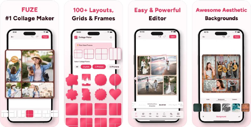  #应用限免  软件名称：Collage Maker & Editor - Fuze  支持平台：#iOS 15.0+  软件价格：内购限免  软件简介：一款图片编辑器应用，支持将不同图片按照不同的预设图形拼贴，您还可以为您的图片应用各种滤镜、表情包贴纸，方便您快速出片并分享到朋友圈
