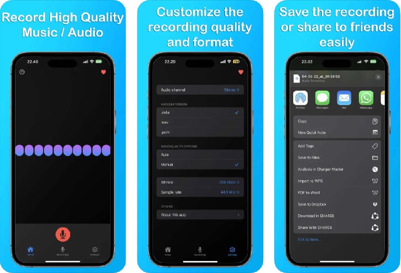  #应用限免  软件名称：Music Recorder - Record Song  支持平台：#iOS 15.0+  软件价格：内购限免  软件简介：一款高质量的音频录制工具，支持录制音乐、日常对话或乐器演奏