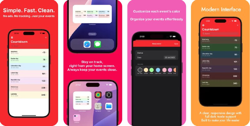  #应用限免  软件名称：Countdown  支持平台：#iOS 16.0+  软件价格：¥8.00 -> ¥0.00  软件简介：一款帮您轻松记录和管理重要时刻的应用，您只需几个简单的手势便能添加、修改和管理事件，轻松记住和庆祝您生活中的每个重要时刻，您还可以在屏幕上添加事件小组件，随时留意相关事件的日期