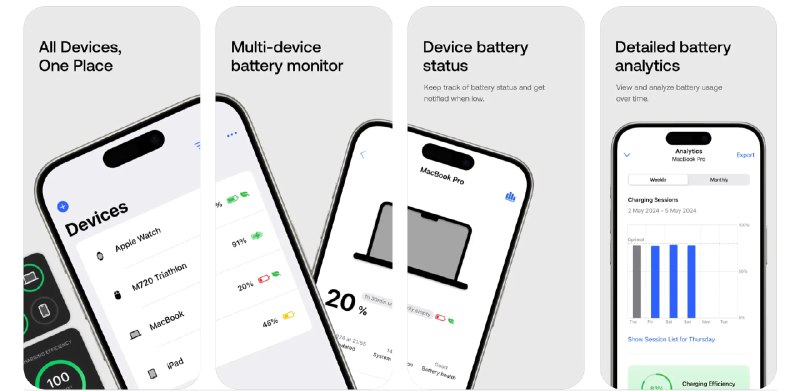  #应用限免  软件名称：Battery Life Monitor: Drainn  支持平台：#iOS 17.0+  软件价格：内购限免(可能需要关闭代理才能出现按钮)  软件简介：一款专为Apple设备和蓝牙设备设计的电池管理应用，让您可以随时监控和管理所有设备的电池状态，查看详细的电池分析数据，跟踪单独的充电过程，接收低电量警报，并访问关键设备信息