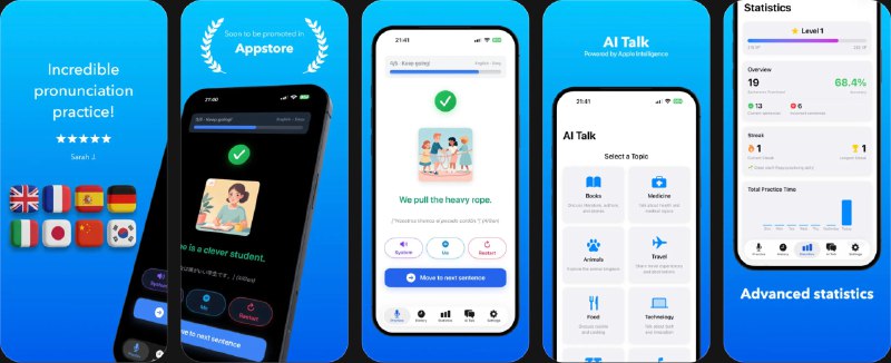  #应用限免  软件名称：Articulate AI Pronunciation  支持平台：#iOS 17.4+  软件价格：内购限免  软件简介：一款AI发音训练与口音纠正应用，通过设备端的私密AI反馈练习发音、节奏和语调，支持英语、西班牙语、法语、德语、意大利语、韩语、中文、日语等多种语言的发音提升