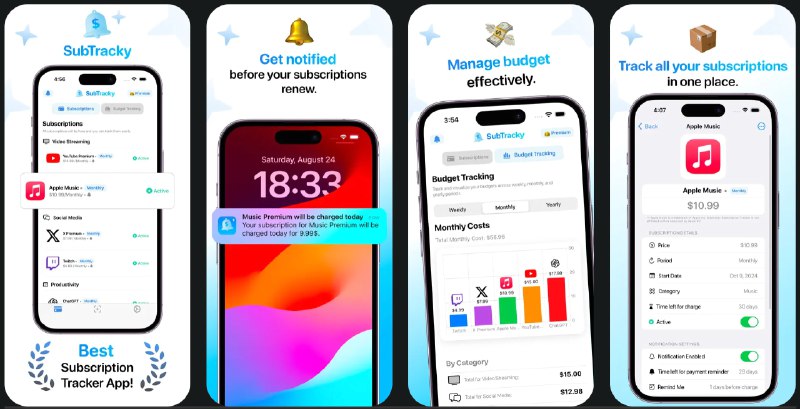  #应用限免  软件名称：Subscription Tracker Subtracky  支持平台：#iOS 16.0+  软件价格：内购限免  软件简介：一个订阅跟踪器，帮助您管理定期付款以及各种订阅服务，应用提供提醒通知、预算跟踪及消费洞察图表，让您可以了解钱都花在哪了