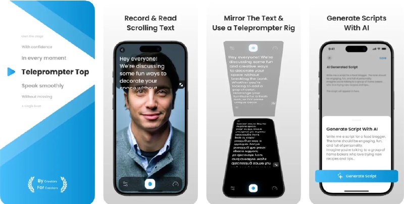  #应用限免  软件名称：Teleprompter Top Script Reader  支持平台：#iOS 15.0+  软件价格：内购限免  软件简介：一款专业的提词器应用，它帮助您轻松自信地呈现内容，减少尴尬的停顿和眼神游移