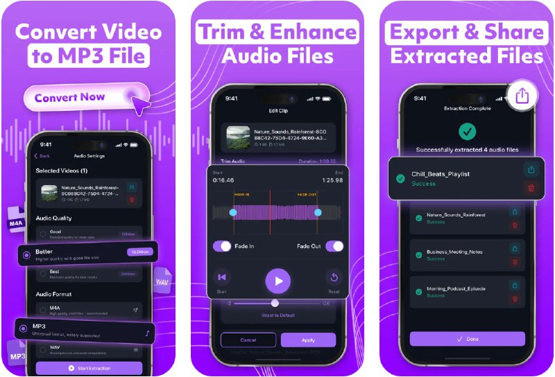  #应用限免  软件名称：音频转换器: VoxCut  支持平台：#iOS 17.3+  软件价格：内购限免  软件简介：一款视频转音频工具，您可以快速将任意视频格式转换为MP3、M4A、WAV等音频格式，支持可视化波形编辑、音量调整、淡入淡出等专业音频处理功能，并可批量提取音频、一次处理整个播放列表，适合制作铃声、播客、提取音乐等多种场景