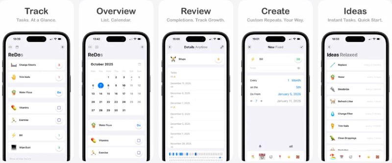  #应用限免  软件名称：ReDo Loop  支持平台：#iOS 15.0+  软件价格：内购限量兑换  软件简介：一款专注重复任务的待办工具，它支持多种重复方式：按间隔的“宽松”模式（每几天/几个月）、固定日期（月中某一天）、按日历位置（每月第一个周一、最后一个周末）、每日重复、无期限“随时做”，也可创建一次性任务
