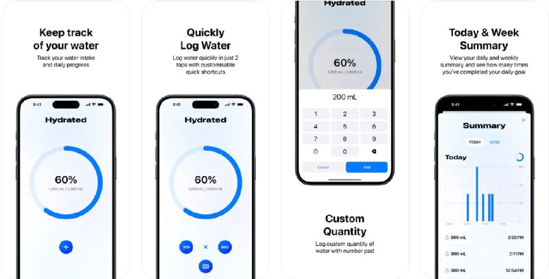  #应用限免  软件名称：Hydrated: Log Water, Reminders  支持平台：#iOS 16.0+  软件价格：内购限免  软件简介：一款帮助您记录每日饮水量的应用