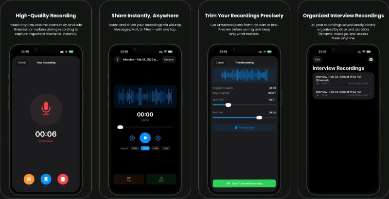  #应用限免  软件名称：Interview Rec  支持平台：#iOS 26.2+  软件价格：￥8.00 -> ¥0.00  软件简介：一款面向采访、会议与语音笔记的简洁专业录音工具，支持高质量录音（AAC 48 kHz）、录制中暂停/继续、时间戳标记、裁剪并预览、倍速播放与快进快退，以及重命名整理等