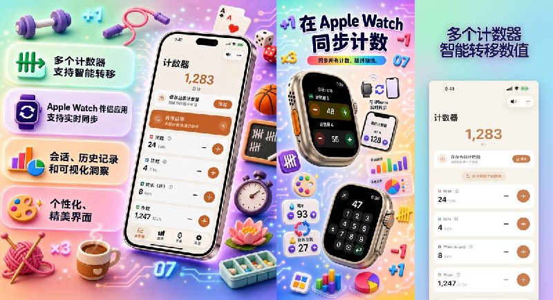  #应用限免  软件名称：计数器123  支持平台：#iOS 26.0+  软件价格：内购限免  软件简介：一款快速灵活的计数应用，支持自定义名称颜色、Apple Watch 实时同步、随机模式、图表统计和历史记录