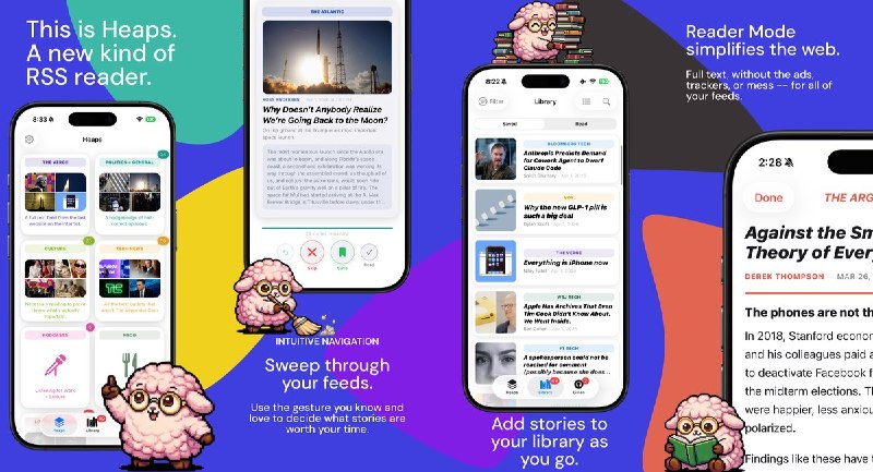  #优质应用  软件名称：Heaps Reader - Swipe through your RSS feeds!  支持平台：#iOS 26.0+  软件价格：免费  软件简介：一款设计精美的 RSS 和播客阅读器，支持滑动卡片式文章浏览、Apple Intelligence 摘要、阅读器 / 浏览器双模式、播客播放和 iCloud 同步