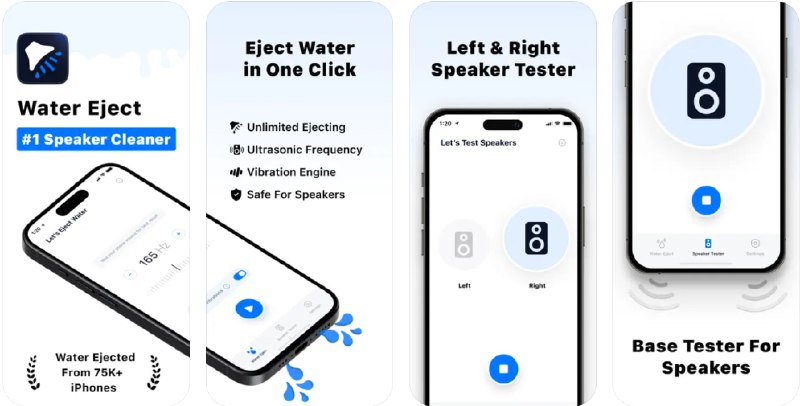  #应用限免  软件名称：Water Eject - Speaker Cleaner  支持平台：#iOS 16.0+  软件价格：内购限免  软件简介：一款通过高/低频声音和振动帮助清除iPhone扬声器中水的应用，提供手动和自动清洁模式、扬声器测试和低音测试功能