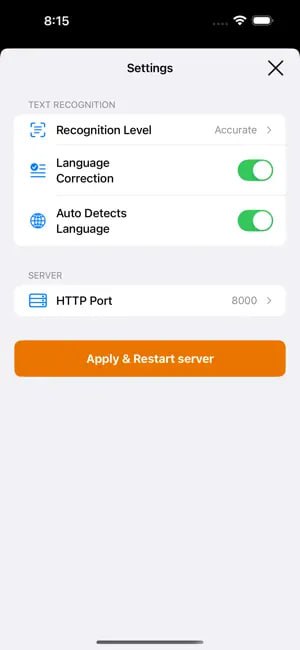  #优质应用  软件名称：iOS OCR Server  支持平台：#iOS   软件价格：免费  软件简介：一个基于苹果 Vision 框架的本地光学字符识别（OCR）服务器，旨在将 iPhone 转变为强大的 OCR 工具