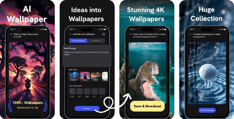  #应用限免  软件名称：4K Wallpapers Generator AI  支持平台：#iOS 16.4+  软件价格：内购限免（点击主页中间的100%OFF）  软件简介：一款由 AI 驱动的壁纸生成与探索器