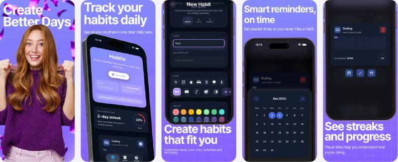  #应用限免  软件名称：Tracking Habit: Daily Goals  支持平台：#iOS 17.0+  软件价格：内购限免（记得跳过试用界面）  软件简介：一款以习惯养成工具，支持自定义习惯与灵活安排频率，进度环展示会直观展示打卡情况与连续天数，您可为每个习惯设置独立提醒时间，让日常目标变成持续而有成就感的打卡旅程