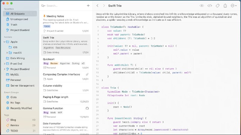  #优质应用  软件名称：SnippetsLab  支持平台：#macOS 12.0+  软件价格：免费  软件简介：一款代码、命令管理应用，专为开发者设计，帮助您高效、智能地管理代码片段和技术笔记